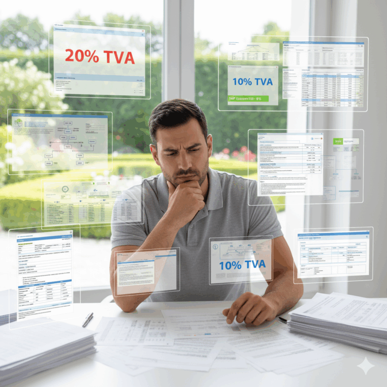 Paysagiste qui vérifie les taux de TVA travaux jardinage sur un devis