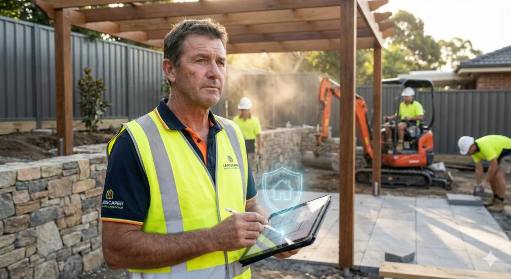 Paysagiste qui vérifie son contrat d'assurance décennale paysagiste sur un chantier